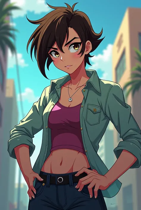 Ben 10 as a tomboy women in unbuttoned button ups, short hair. anime 
