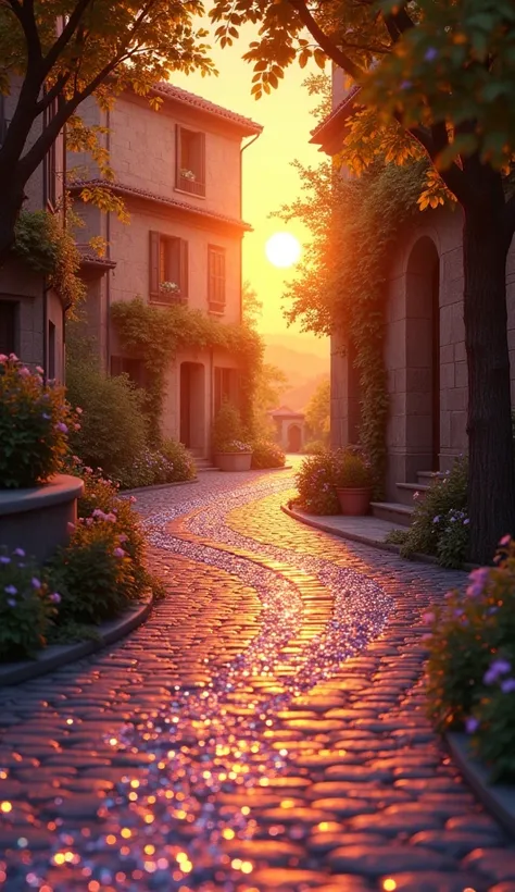 "A picturesque cobblestone street at sunset, with a pathway made of small, sparkling gemstones that sparkle in the soft light. The stones reflect the light like diamonds, creating a magical, dreamlike ambiance. The trees on either side of the street have g...