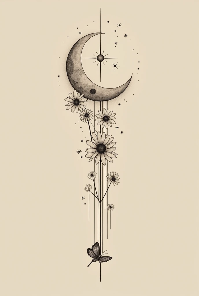 The sketch of a tattoo for the back that had details like daisy flowers and straight lines, stars and the moon and that the main part of the design is the moon and that the drawing starts with a simple butterfly that is minimalist and does not have shadows...