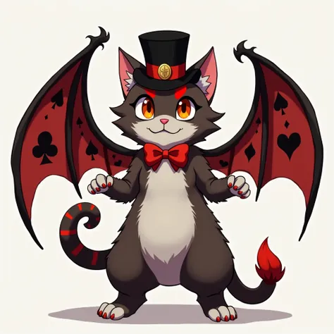 An anthropomorphized cat demon with a casino playing card theme.、The fur is generally a dark brown with a grayish tint.、The hair on the face, arms and belly is white.。Eyebrows are red。eyes are brown、The pupils are orange。The tail is brown.、Its tip has blac...