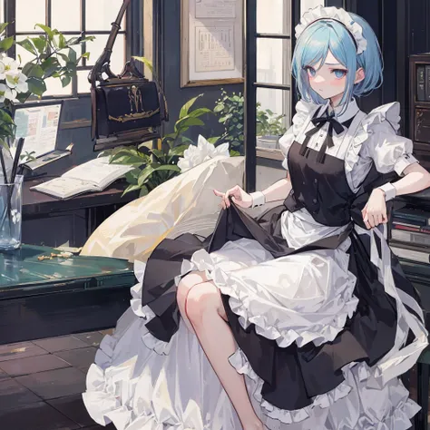 , masterpiece,  Franziska Vkarma, Solitary, 1 Girl,,Awkward, maid headdress, maid apron, maid, For the audience, annoyed,