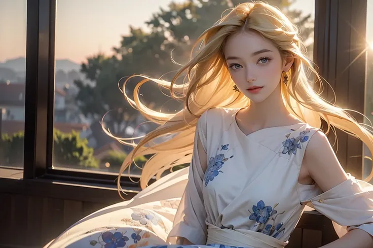 A stunningly beautiful girl、Smooth, Shiny car bonnet, Her long, Blond hair blowing in the wind. She is wearing a delicate floral sundress., And her bright, Blue eyes staring out at the horizon with a look of wonder and excitement. The sun sets behind her, ...