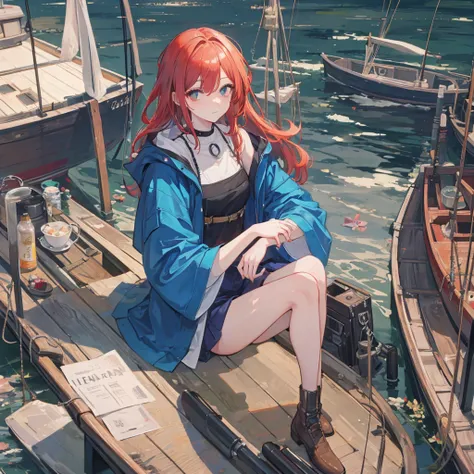 (masterpiece:1.2), Best, Photo of beautiful female fisherman, Ginger hair, 40 years old, Wearing a raincoat,  (On fishing boats:1.3),  dark clouds, PhotoPractical, HyperPractical, Ultra Detailed, Analog style, Hips lifted, dignified, Low-cut, Delicate skin...