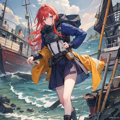 (masterpiece:1.2), Best, Photo of beautiful female fisherman, Ginger hair, 40 years old, Wearing a raincoat,  (On fishing boats:1.3),  dark clouds, PhotoPractical, HyperPractical, Ultra Detailed, Analog style, Hips lifted, dignified, Low-cut, Delicate skin...