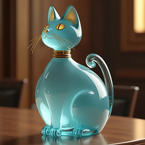 Create an image of a glass bottle shaped like a cat, where the body is that of an elegant cat and the cap is distinctly separate as the head of the cat. The bottle is a beautiful light blue color, with a shiny finish and realistic detailing in the glass te...