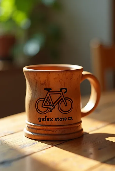 Photo of an artistic wooden mug with 3D carvings, on it a small bicycle and on the bottom of the mug, additionally, clearly carved "GAFAX STORE CO", decorated with amber accents, masterpiece of art, visually stunning, intricate details, sharp focus, 55mm f...