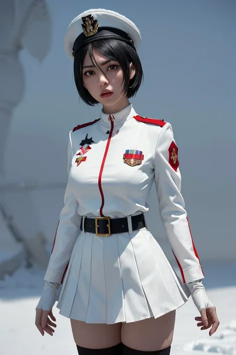 White gloves, red eyes, white jacket, small cleavage, small breasts,white skirt, best quality, masterpiece, Highly detailed, illustration, absurdres, white military uniform, white uniform, white hat, standing, solo, 1girl, standing at attention, expression...