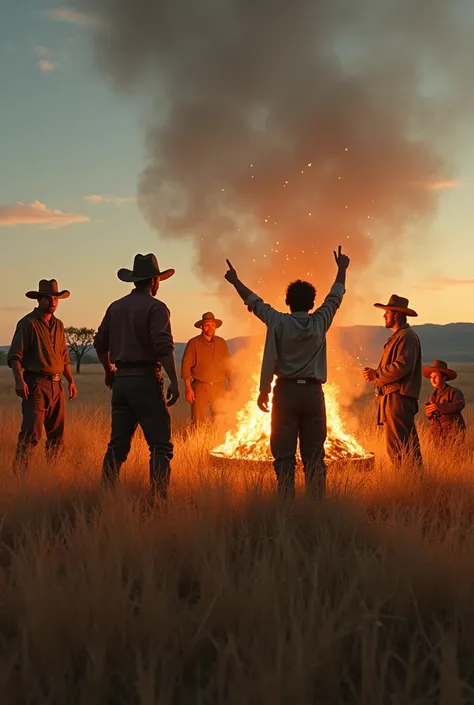 An Argentine field with a large bonfire and around it Argentine gauchos celebrating and eating while sitting down, and in the foreground there is a teenager with a modern cell phone that has nothing to do with the field, who is standing with his back turne...