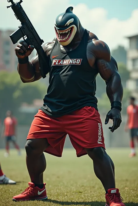 Muscular man with the face of a black orça whale with white on his face, an intimidating smile and a 762 rifle with a scope, wearing a Flamengo tank top with the word Bonde Do Nego written on it, red shorts with the word freedom written on them, wearing re...