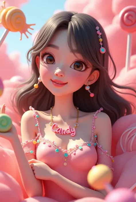 Sweet 22 yold beautiful korean semi animated 3d woman with candy stuffs and make  her a name necklace that writes CANDY 