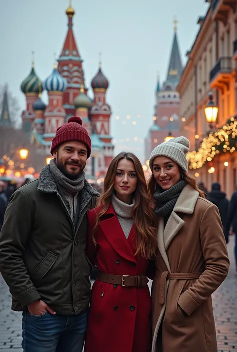 two male FRIENDS with their two girlfriends at christmas in moscow 