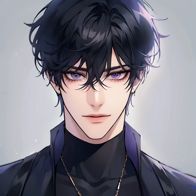 (masterpiece, 8k, high quality, best quality:1.6), 1boy, solo, short hair, black hair, asymmetrical fringe, purple eyes, handsom...