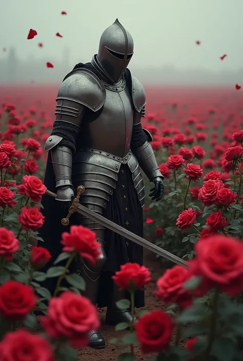 A knight about to die on a land full of roses