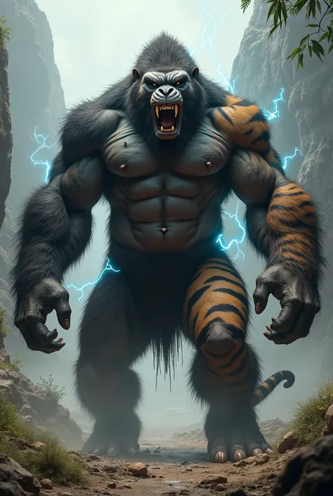 The fusion of a man, a gorilla and a tiger, both united in one body, transforming into a big strong fierce and angry beast with super powers