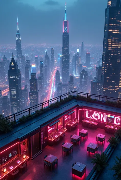 未来霓虹灯roof，霓虹灯roof，Rooftop bar，可欣赏城市景观的roof酒吧夜景，Futuristic Background，Wide Film Landscape，城市roof，City night scene，roof，Night shot，roof，masterpiece，High Detail，High-definition quality，8k