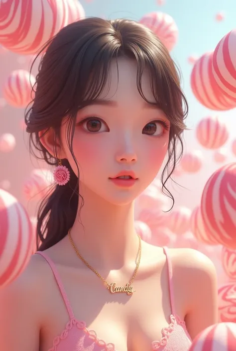 22 yold beautiful woman korean semi animated 3d with candy stuffs and make her a name necklace that writes CANDY 