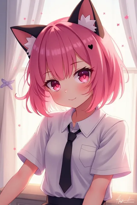 Cat girl with pink hair, pink eyes with black heart pupils and a white T-shirt with a black tie, with little round stars in the background