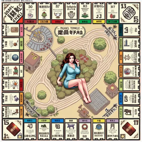 Monopoly，grid maze，Have a house，leisure farm，A brunette girl with curly hair and big breasts sits with her legs stretched out, taking a realistic photo