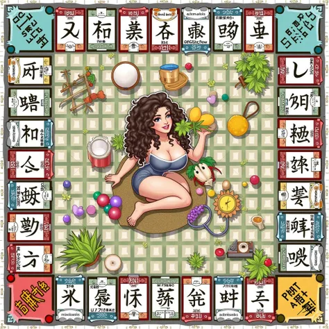 Monopoly，grid maze，Have a house，leisure farm，A brunette girl with curly hair and big breasts sits with her legs stretched out, taking a realistic photo