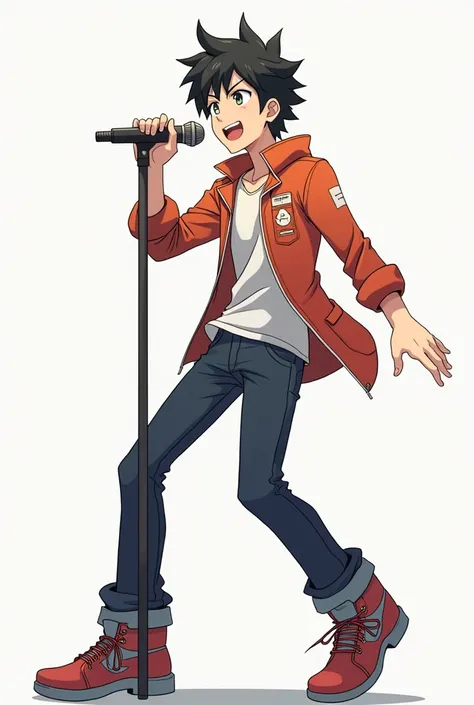 Create a cool short male anime character pose standing with a full body microphone, front camera, facing left, sing