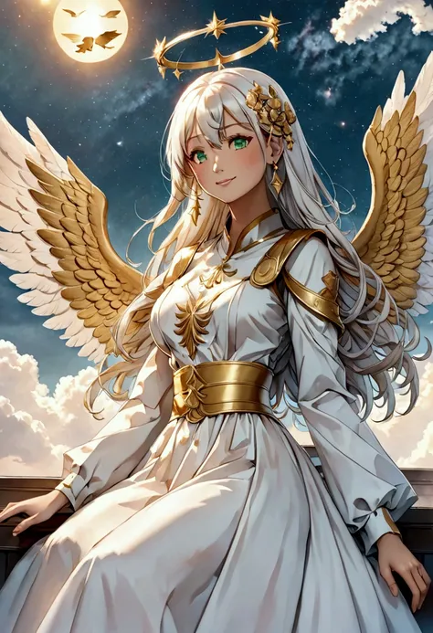 Angelic woman long white hair green eyes golden halo, long white dress, angel wings, angel woman, goddesss, tall woman, sweet smile, affectionate look, Flying in the skies.