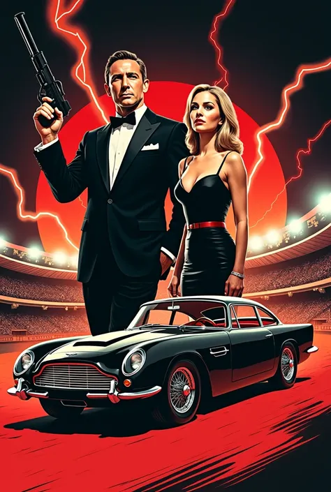 60s style movie poster 007 sean connery dianna rigg as bond girl aston martin classic batmobile style lightning bolts/dc in black and red morumbi stadium