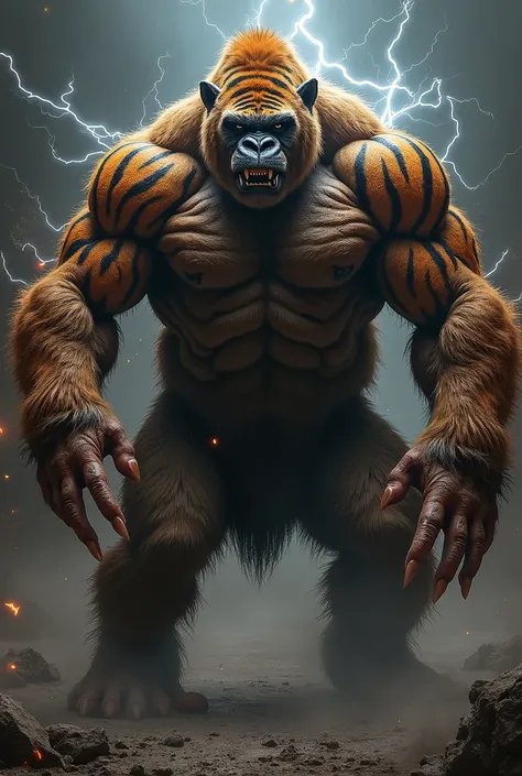 The fusion of a man, a gorilla and a tiger, both united in one body, transforming into a big, strong, fierce and angry beast with super powers doing a fighting move.