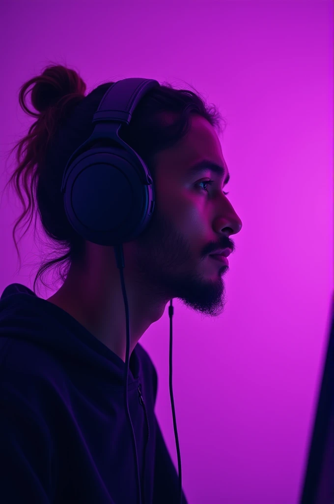 Video editor side profile with headphones and purple background.