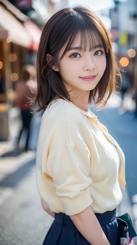 Best Quality, Realistic, Very detailed, finely, High resolution, 8K wallpaper, Cinema Lighting、1 person、cute Japanese girl、2、Medium Hair、Riders jacket、 (Blurred Background、noon、Shopping Street、Natural Light)、Sharp focus, Perfect dynamic composition, Narrow...