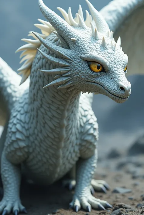 Create a dragon called valyra (female) Big, formidable and fearsome white with scales of bluish and pearly white reflections. With golden eyes House of The Dragon style of the Targaryen house similar to drogon the dragon of daenerys Targaryen 