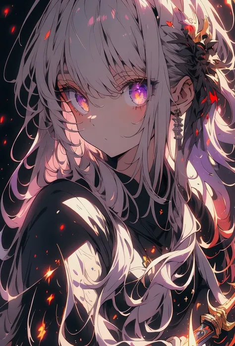 Masterpiece, ultra detailed, best quality, hyper detailed, ultra resolusion, potrait, Solo, full body,  girl, beautiful girl, beautiful silver eyes, tied flaming purple hair, black hoodie, holding a two dagger