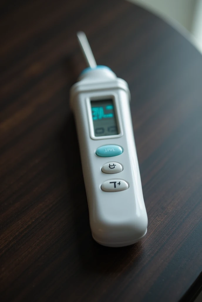 Top photo of a Rigid Tip Thermometer for human use with 39.5 degrees, The image does not have to have a high resolution, with a dark background of a coffee table 