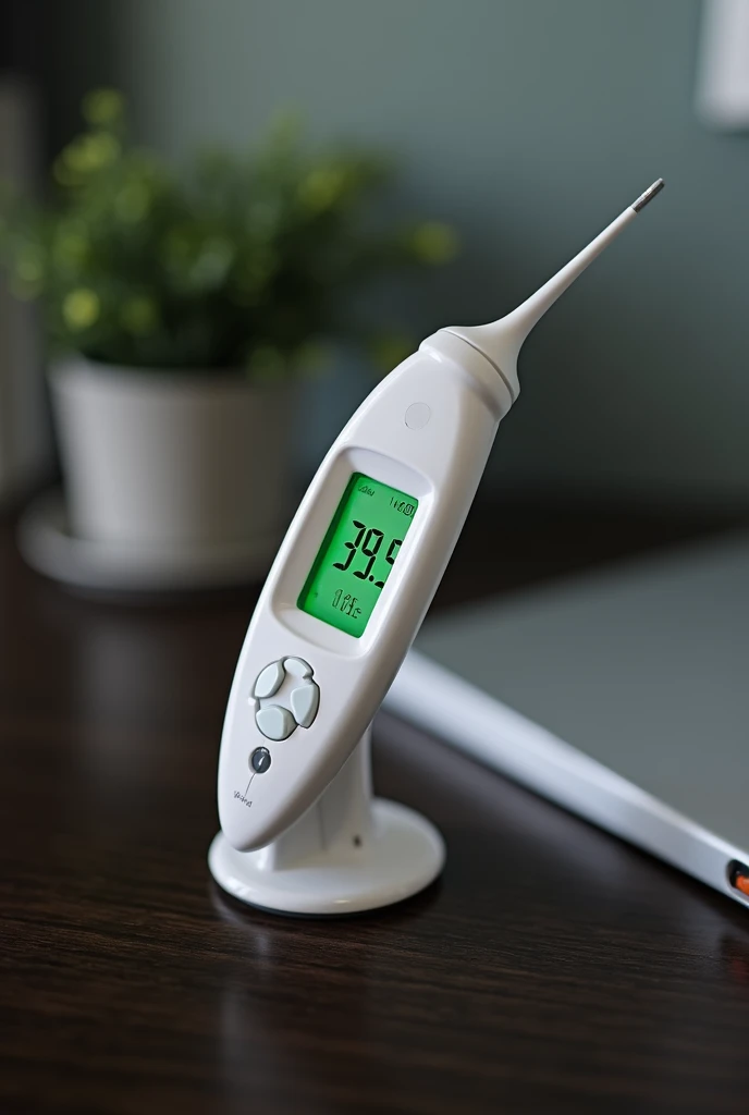 Top photo of a Rigid Tip Thermometer for human use with 39.5 degrees, The image does not have to have a high resolution, with a dark background of a coffee table 