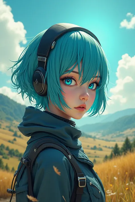 Expressive and innovative, blue anime eyes woman, Short stylish Aqua-blue hair, mixes rural landscape with sci-fi elements, an aesthetic of futuristic and dystopian movie posters. feeling, mood, Cinematic, Abstract Editing, Dynamic angle, Beautiful. fine d...