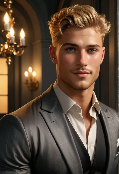 handsome young man with short golden blonde hair, bright intense grey eyes, detailed face with shaved beard, blushing cheeks, ex...