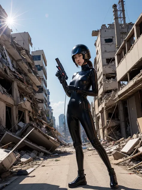 One girl, Japanese,Perfect Face,Slim figure,Petite,Full-face helmet, Black rubber bodysuit,Holding a toy laser gun in his hand,In the background is a city reduced to rubble and a giant spaceship floating in the sky.,