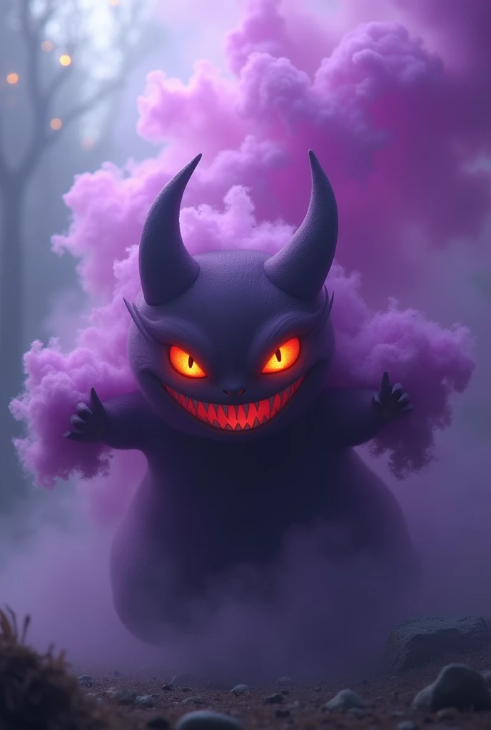  Gengar with flaming eyes smiling and a cloud of purple smoke in the background