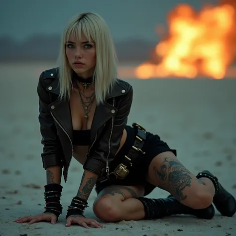 She has youthful caucasian features 19yo,

traight across bangs long platinum blonde hair.

He has many tattoos on his neck, Chest tattoo, Belly tattoo, Foot Tattoos.

She dresses in rock chic style: Dark brown biker jacket with studs and side zipper,
Dark...