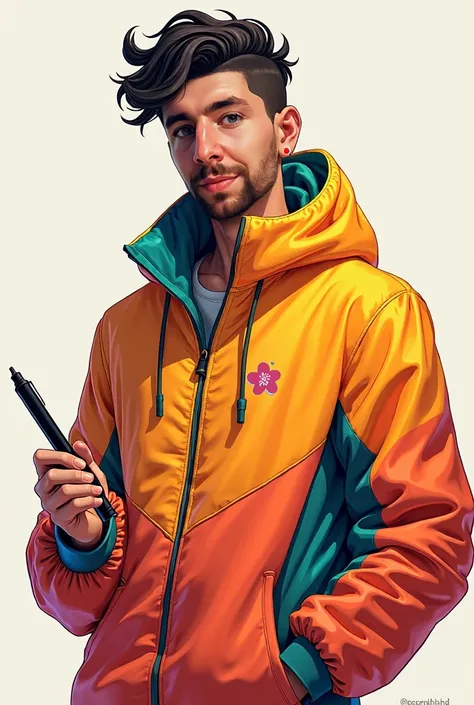 A unique digital character male whit light bread representing individuality and creativity. The character should have a modern, yet slightly fantastical style,  Sporty outfit in vibrant colors that match the field of design and printing, with a minimal and...