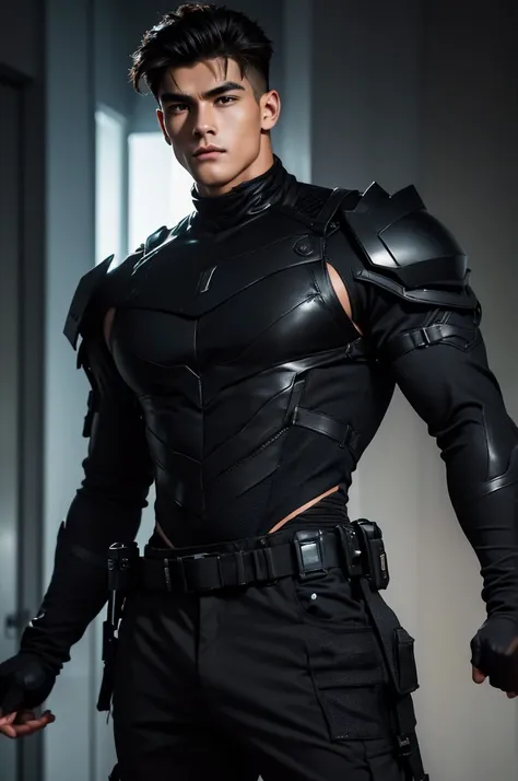 (absurdres, highres, extremely detailed, Ultra High Definition, masterpiece), The Cyber-Enforcer: A tall, muscular man stands on a rain-slicked street in front of a futuristic police station, his large chest and powerful frame clad in a fitted, black armor...