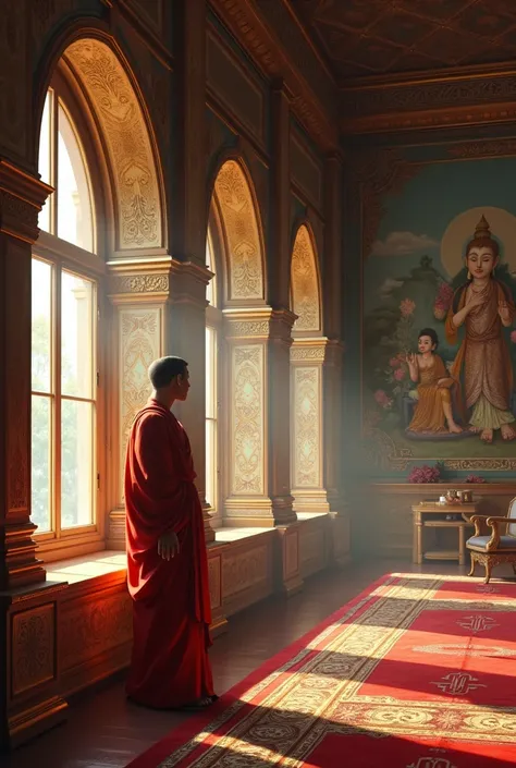 The interior of the palace is filled with gold accents, luxurious furniture, and beautiful frescoes depicting the history of the kingdom.


3. Siddhartha Gautama Buddha gazing through the palace windows, his face reflecting curiosity and a sense of longing...