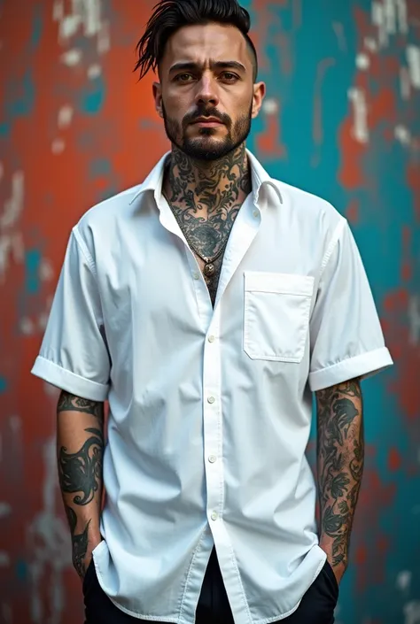 Create a mockup of a man with tattoos with an oversized white shirt,The shirt has to be basic(no buttons or anything just oversize type)
 the model must have tattoos , that the image is only visible up to the neck, the background has to be eye-catching for...