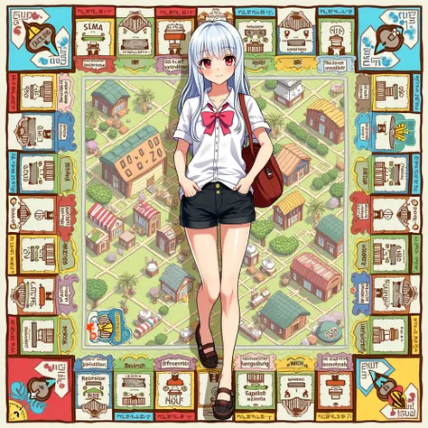 Monopoly，grid maze，Have a house，leisure farm，wearing a swimsuit、Anime girl in white shirt and black shorts, trending on Pixiv, top rated on Pixiv, popular on pixiv, Pixiv, Pixiv style, at Pixiv, Pixiv trending, Anime cute art style, Pixiv daily ranking, wh...