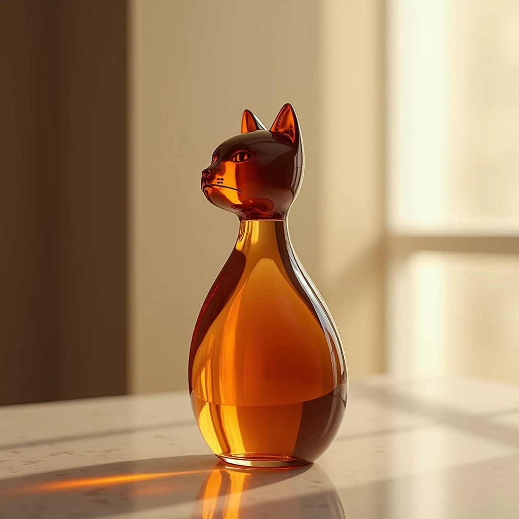 Design a realistic image of a glass bottle shaped like a cat, with a stylized body and a separate head as the cap. The bottle should be a rich amber color, showcasing a smooth, high-quality glass texture. Place the bottle upright on a luxury table, emphasi...