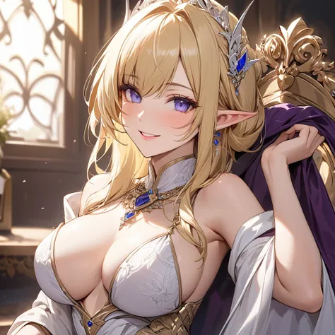 ((Best Quality)), ((masterpiece)), (detailed), （Perfect Face）、The woman is Seras Ashlain, who has been brainwashed into becoming the wife and empress of the emperor. She is a blonde, medium-length high elf wearing luxurious jewelry and an engagement ring.、...