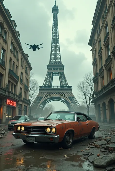 A classic car in front of the Eiffel Tower in a dystopian world video game version 