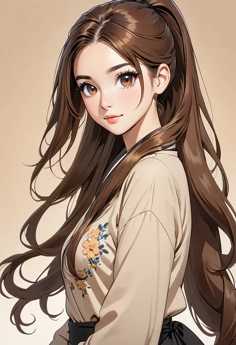 a cartoon woman with long brown hair and long, black eyelashes, 1girl, solo, looking at viewer, long hair, ponytail, brown eyes, long sleeves