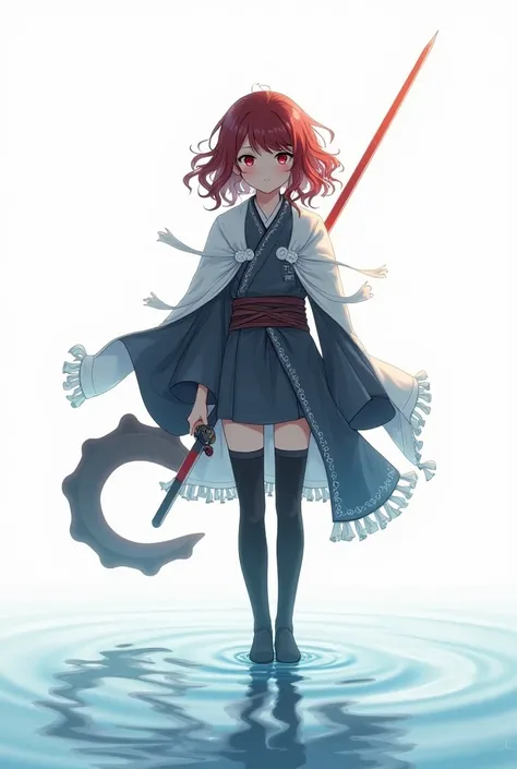 Anime style illustration of black hair and red eyes boy in kimono, holding sword, standing on water surface, full body shot, simple anime art style, dark gray and light blue tones, dark black dress with lace details, white cloak with frills, long curly wav...