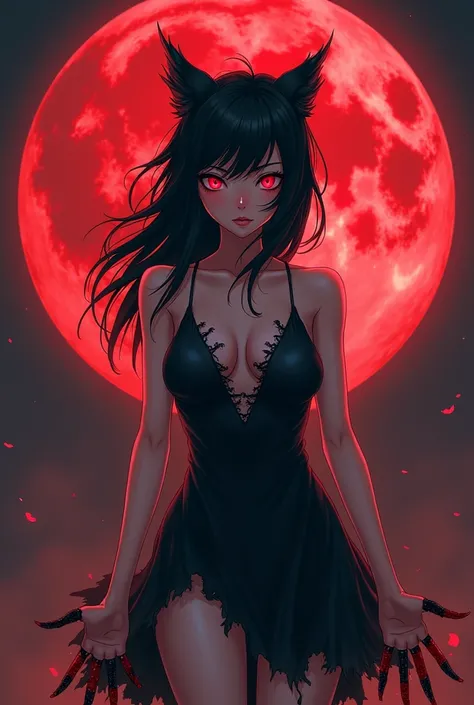 Werewolf、girl、Anime-style illustrations、Red Full Moon in the background、Red eyes、Wolf ears grow、Wearing red nails、She is wearing a tattered black dress