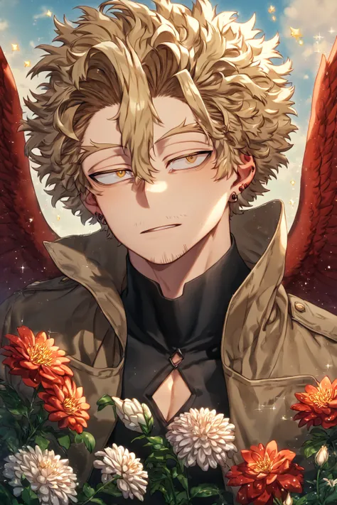 absurdres, highres, ultra detailed, HDR, master piece, Hawks, ash blonde hair, expressive golden-brown eyes, brown coat with fur, black tight shirt, red wings, faint stubble, sexy man, best quality, Boku No Hero Academia, solo, sensual, glittering, accesso...